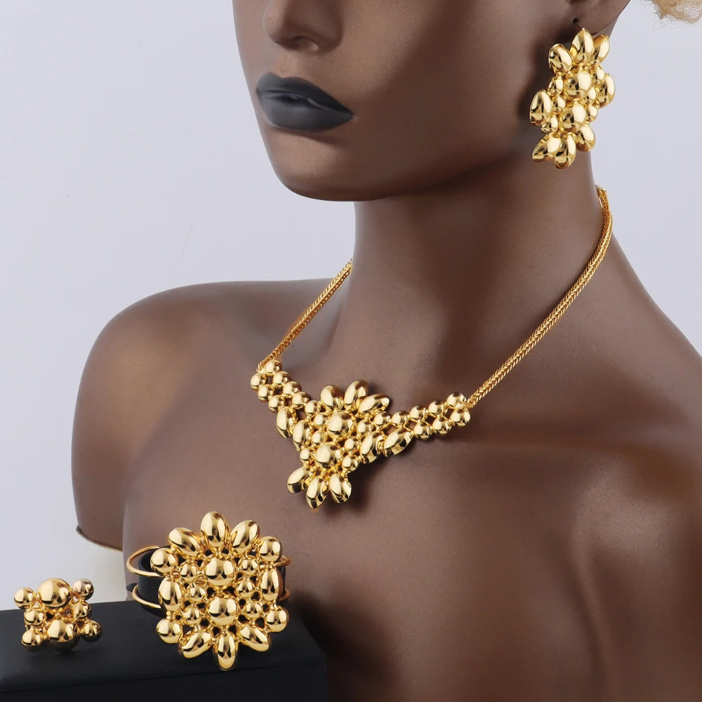 

France Luxury Flower Jewelry Set For Women Dubai Gold Color Bridal Wedding Necklace Earrings Bracelet Ring Set Costume Jewelry