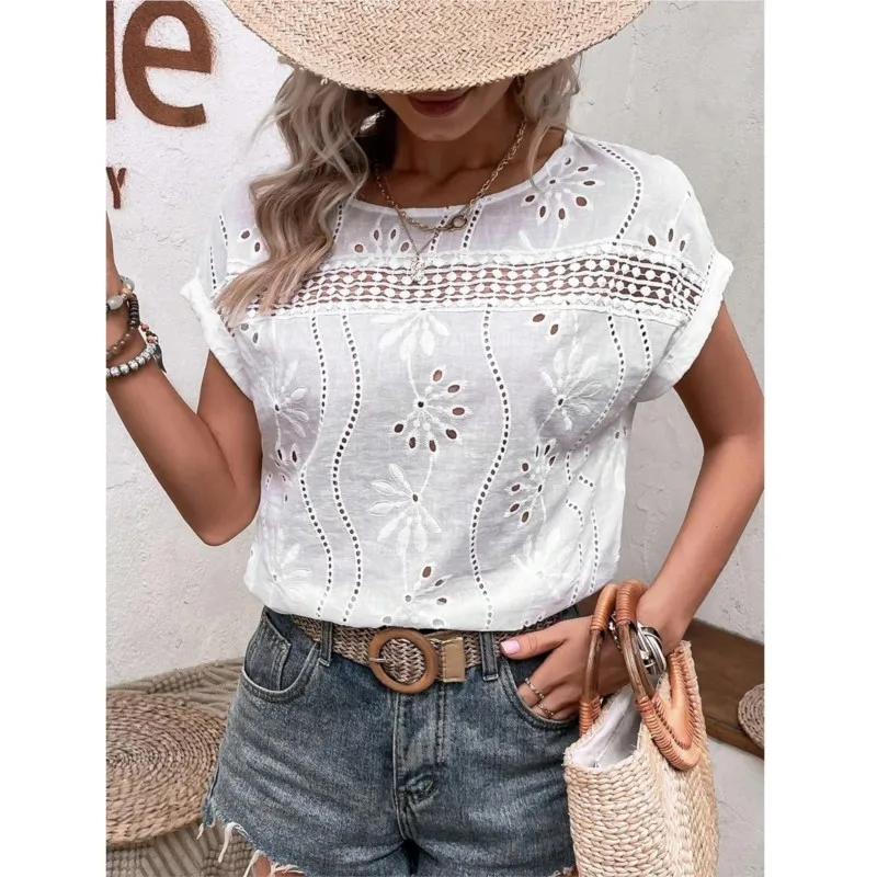 Women's Summer New Short Sleeve Top Solid Sexy O-Neck Hollow Out Splic Shirt 2025 New Fashion White Blouse Loose Street Apparel