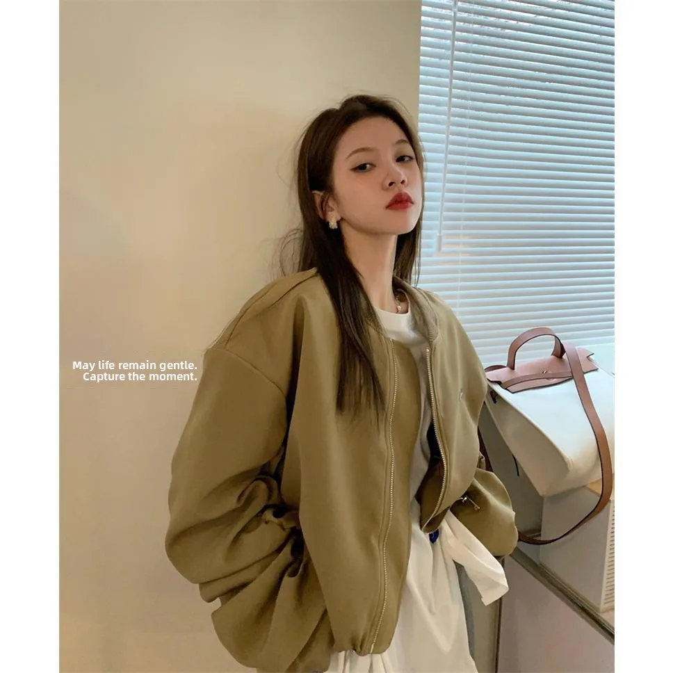 

Pure Color Stand Collar Zipper Jacket Long Sleeve Loose Casual Women's Spring 2026 Fashionable Comfortable Short Outerwear