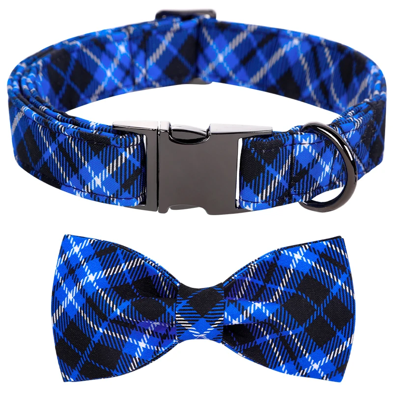 Unique Style Paws Custom Christmas Dog Collar with Bow Blue Plaid Pet Collar Flower Dog Collar Large Medium Small Dog