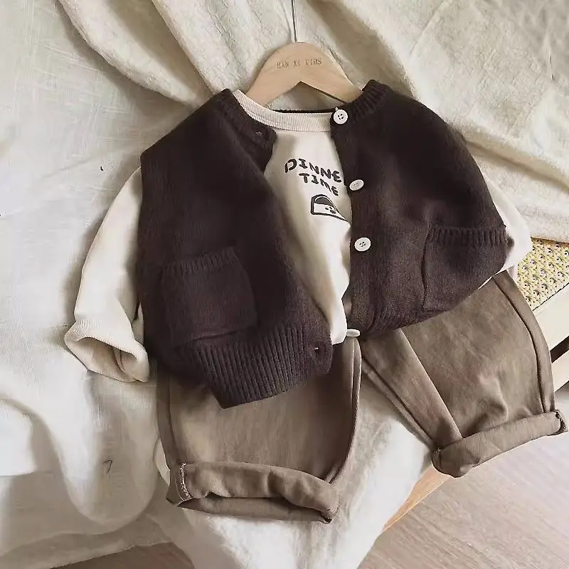Boys Baby Clothing Suit New Children's Vest Shirt Pants 3-piece Girl Spring and Autumn Cardigan Sweater Set