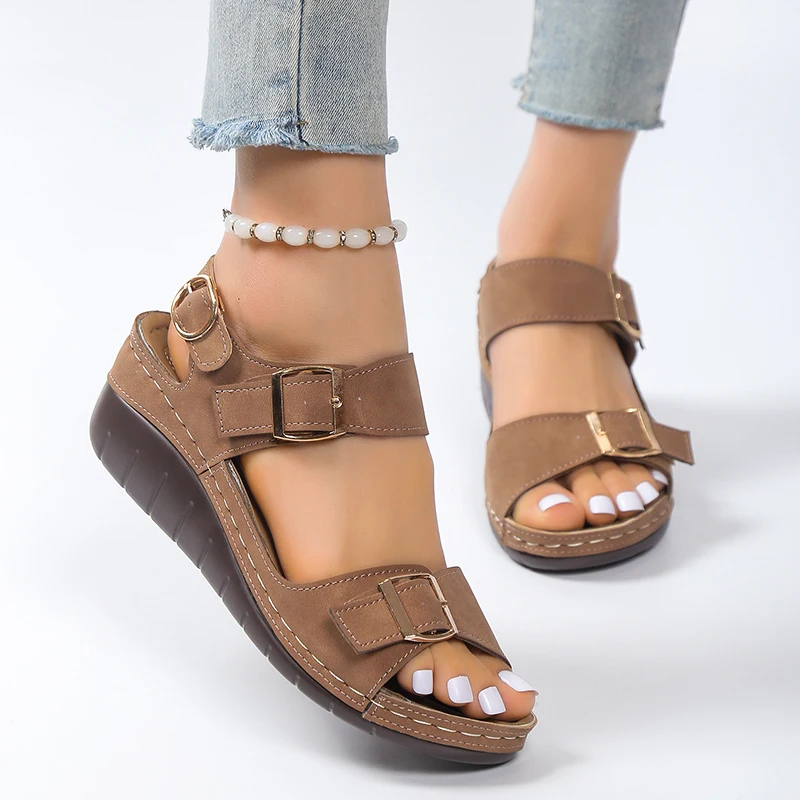 2026 New Open Toe Fashion Women Sandals Summer Soft Sexy Wedge Sandals Buckle Orthopedic Shoes Footwear Female Zapatos De Mujer