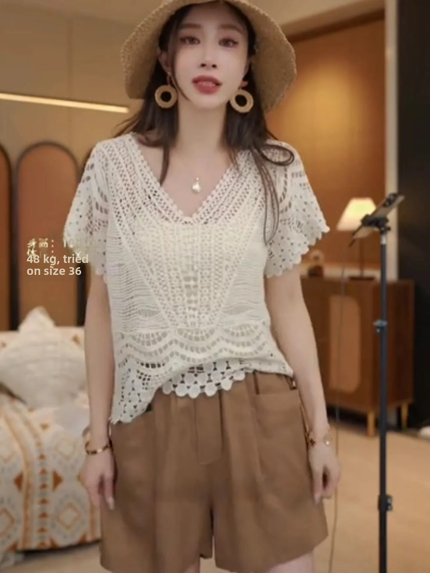 

Женская шелковая блузка Ele V-Ne из ледяного шелка, вязаная, модная, летняя 2025, в корейском стиле, прямого кроя, с ажурным узором и элементами крючковой вязки