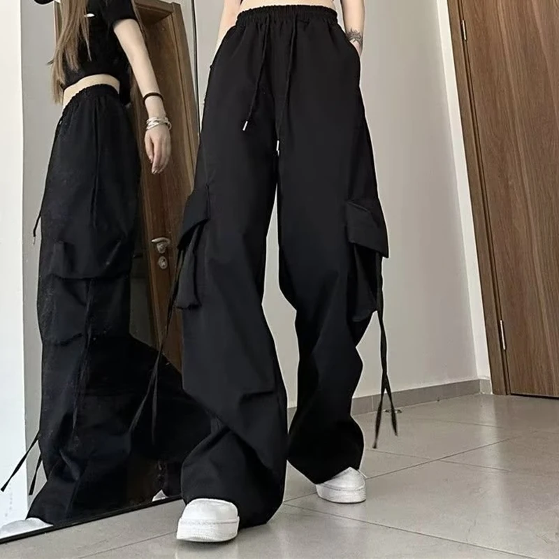 Women Korean High Waisted Slacks Lady Japanese 2000s Style Y2k Lace Up Cargo Trousers Female Yellow Pink Blue Black Joggers