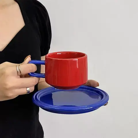 Contrast Color Coffee Cup and Saucer Set Ceramic Mug for Family Tea Cup Set Two-tone Cups and Mugs Drinkware  Korean Coffee Cups