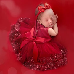 Ylsteed Newborn Photography Outfits Baby Girl Ribbon Bow Glitter Red Dress for Photo Shoot Newborn Christmas New Year Costume