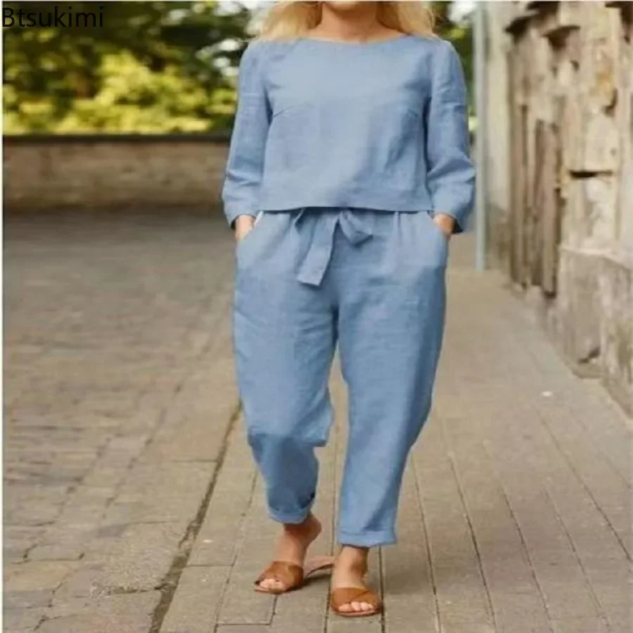 New 2024 Women\'s Casual Cotton Linen Pants Sets 2PCS Solid Loose Two Piece Set Woman Retro Elastic Waist Lace Pant Sets Female