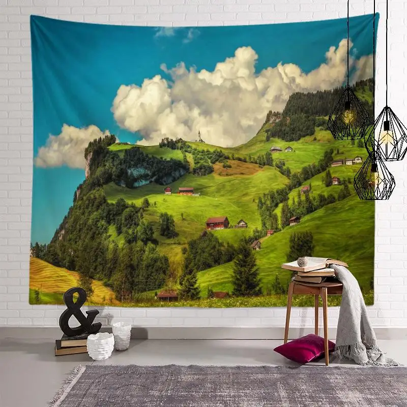 

Pastoral Landscape Tapestry Green Fresh Nature Scenery Printed Tapestry Wall Hanging for Living Room Bedroom Dorm Decoration