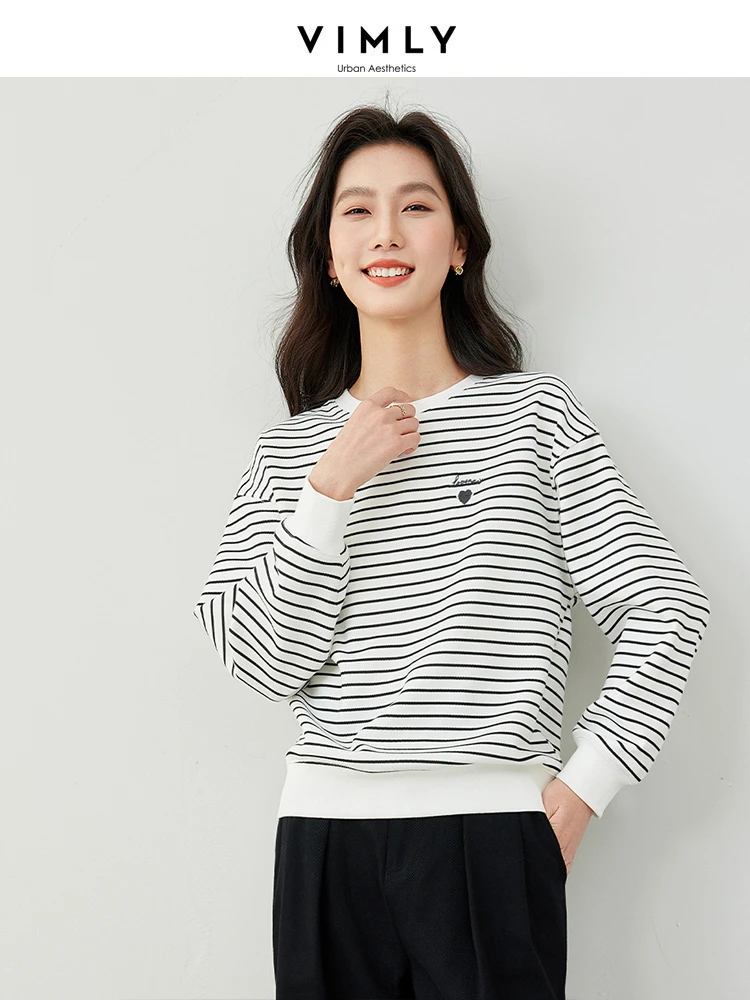 Vimly Striped O-neck Loose Sweatshirts Women 2024 Spring Short Embroidery Drop Sleeve Top Casual Lazy Style Pullovers M6021