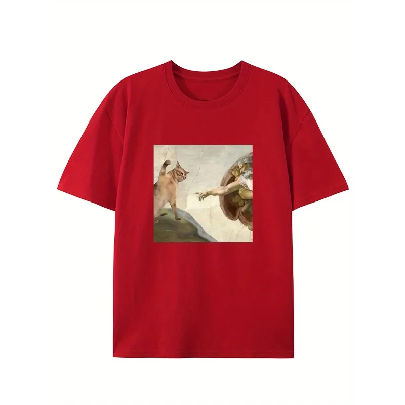 Pure Cotton Breathable Children's T-shirt 2026 New Parody Cat and Adam Print Casual Parent-child Outfit for Boys and Girls