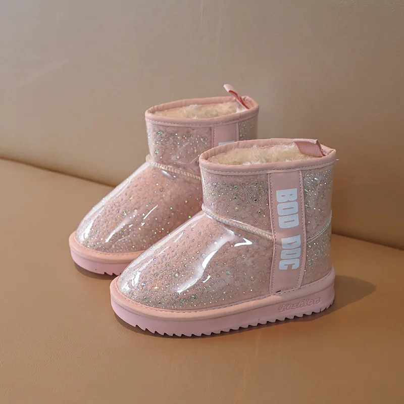 

27-37 Winter Girls Snow Boots Glimmer Sequins Waterproof Upper Princess Thick Fur Kids Short Boot Warm Children Ankel Booties