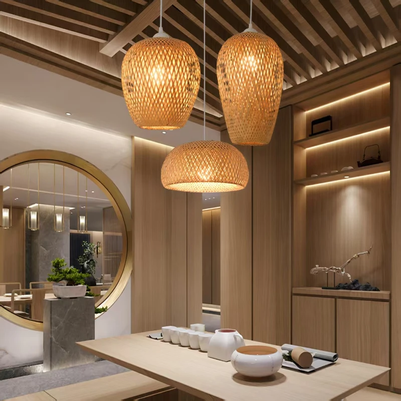 Nordic Serene Style Natural Rattan Wicker Chandeliers Dining Room Pendant Lamp Decoration Maison LED Lighting Lamps