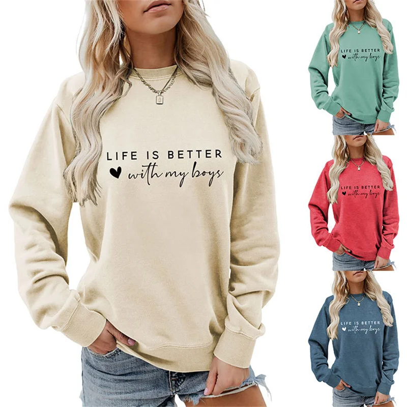 

New fashion autumn and winter cotton Life is better with my boys trend vintage crew-neck top long-sleeved hoodie