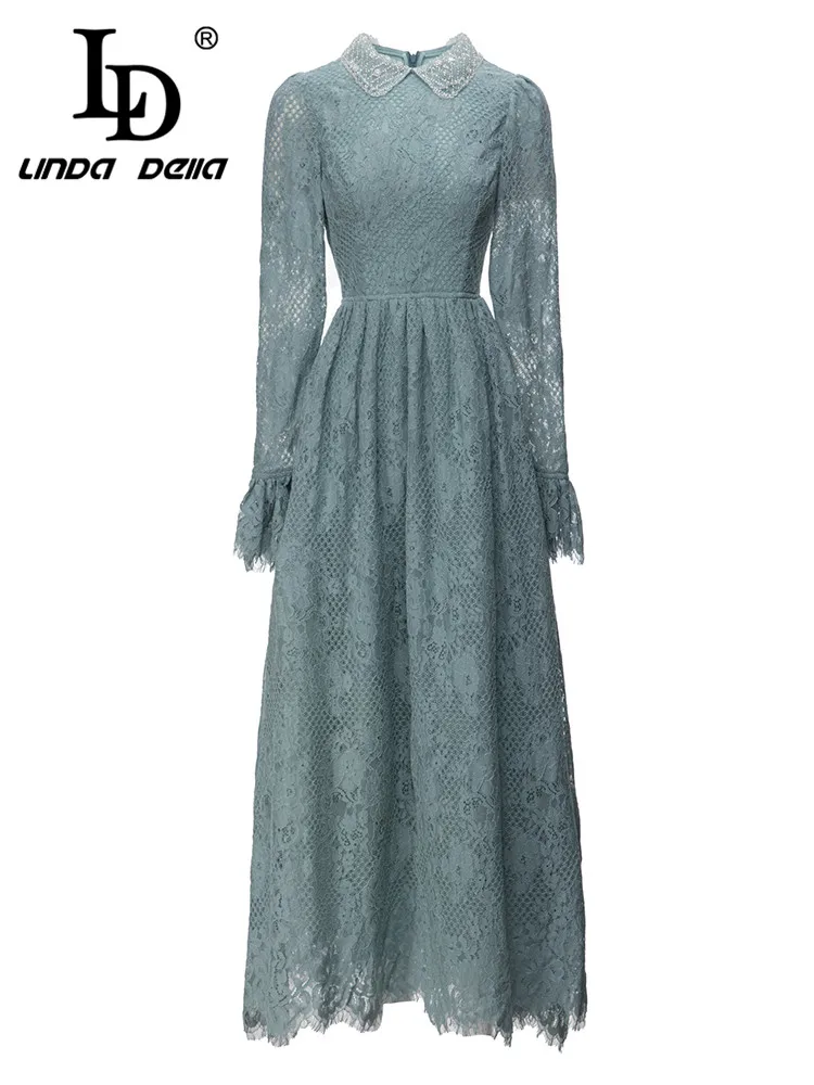 

LD LINDA DELLA 2023 New Style Runway Designer Vintage Dress Women's Lapel Beading High Waist Splice Hollow Out Lace Print Dress