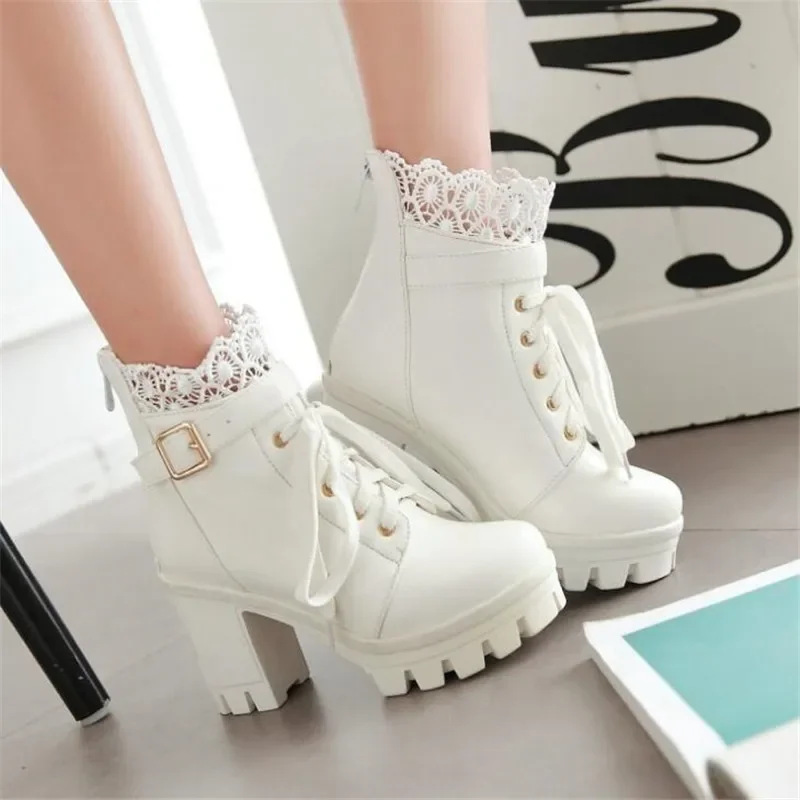 Winter New Pattern High-heeled Coarse Heel Shoes Boots Frenulum Waterproof Thick Bottom Large Code White Women Boots 34-43