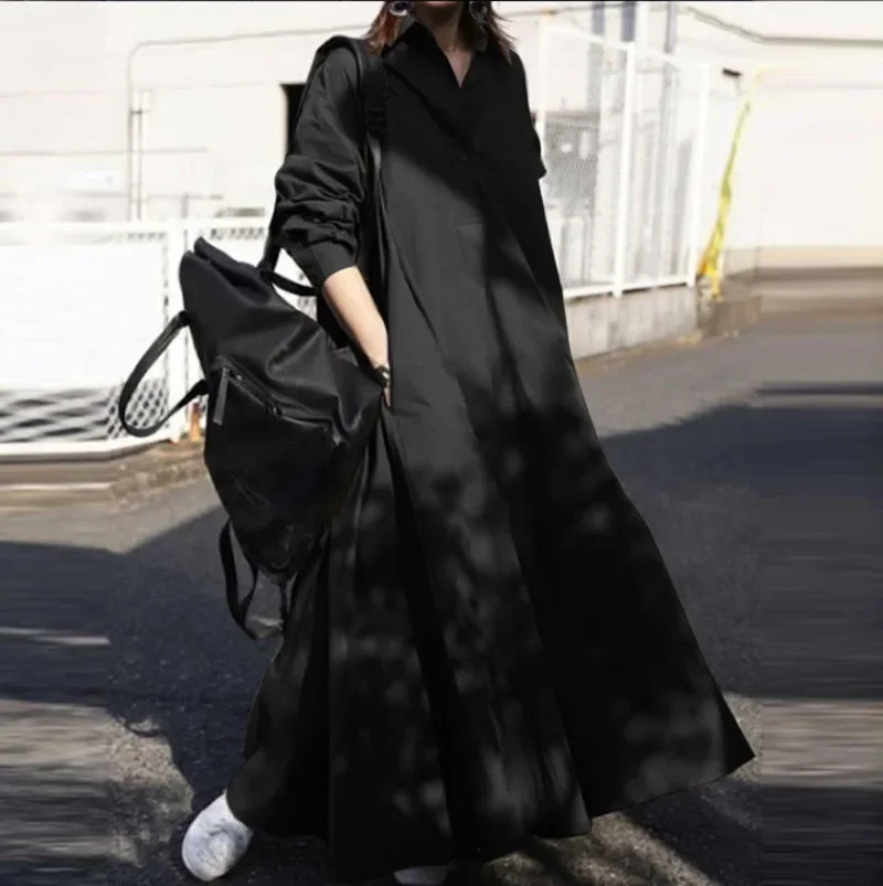 

2024 Street Women's New Skirt Solid Color Sweet Retro Long sleeved Flip Collar Loose Swing Solid Dress YBF10-3