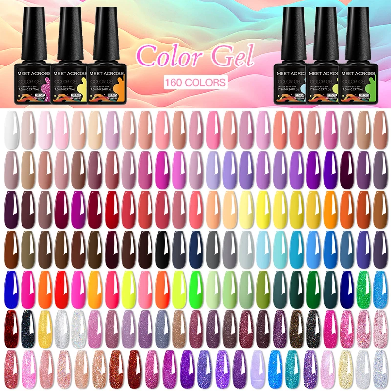 MEET ACROSS 160 Colors 7.3ml Gel Nail Polish Vernis Glitter Sparkly Semi Permanent Soak Off LED UV Gel Varnish Nail Art Manicure