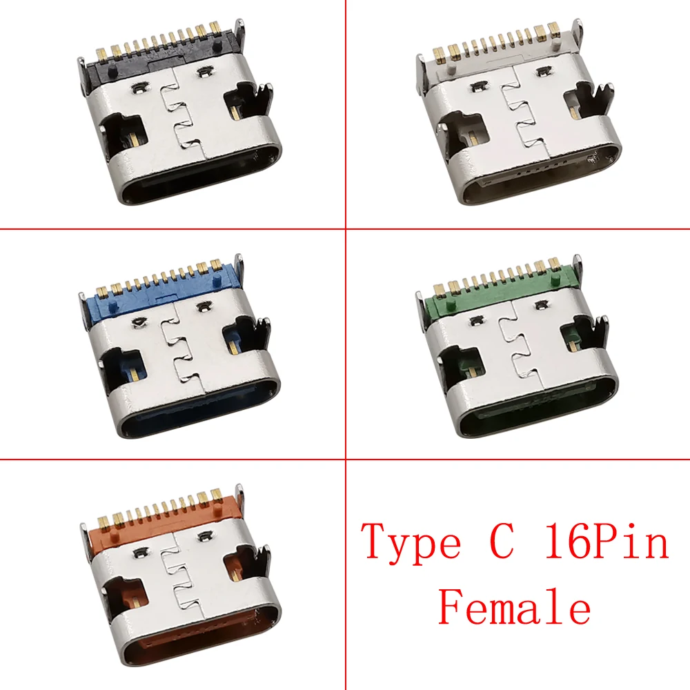 10Pcs Type C Jacks 16 Pin USB 3.1 Charging Dock Connectors 20V 5A USB-C  Female Sockets DIP PCB Mount Repair Port Type-C Adapter
