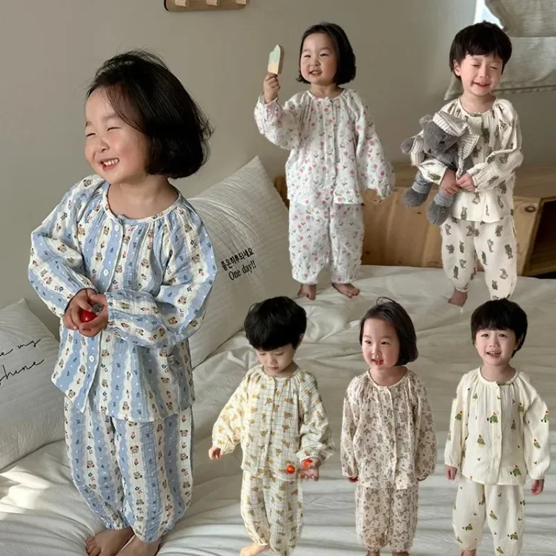 Children's Spring Grade Pajama Set Boys Girls Kids Cartoon Double Layer Gauze Home Clothing Set Baby Sleepwear Two-Piece Set