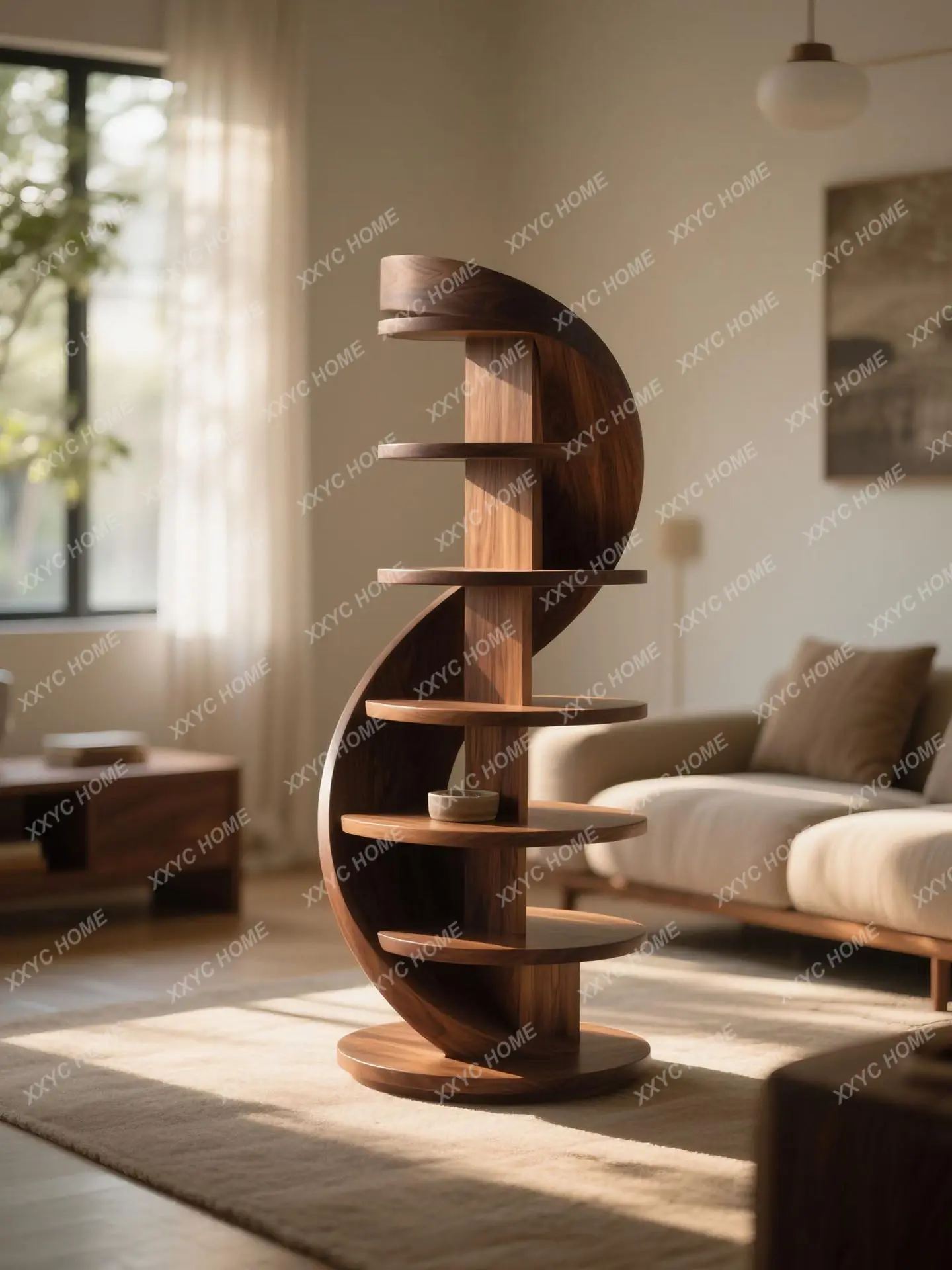 Spiral Bookshelf: Modern Light Luxury Solid Wood Floor-standing Storage Rack, Living Room Decorative Bookcase
