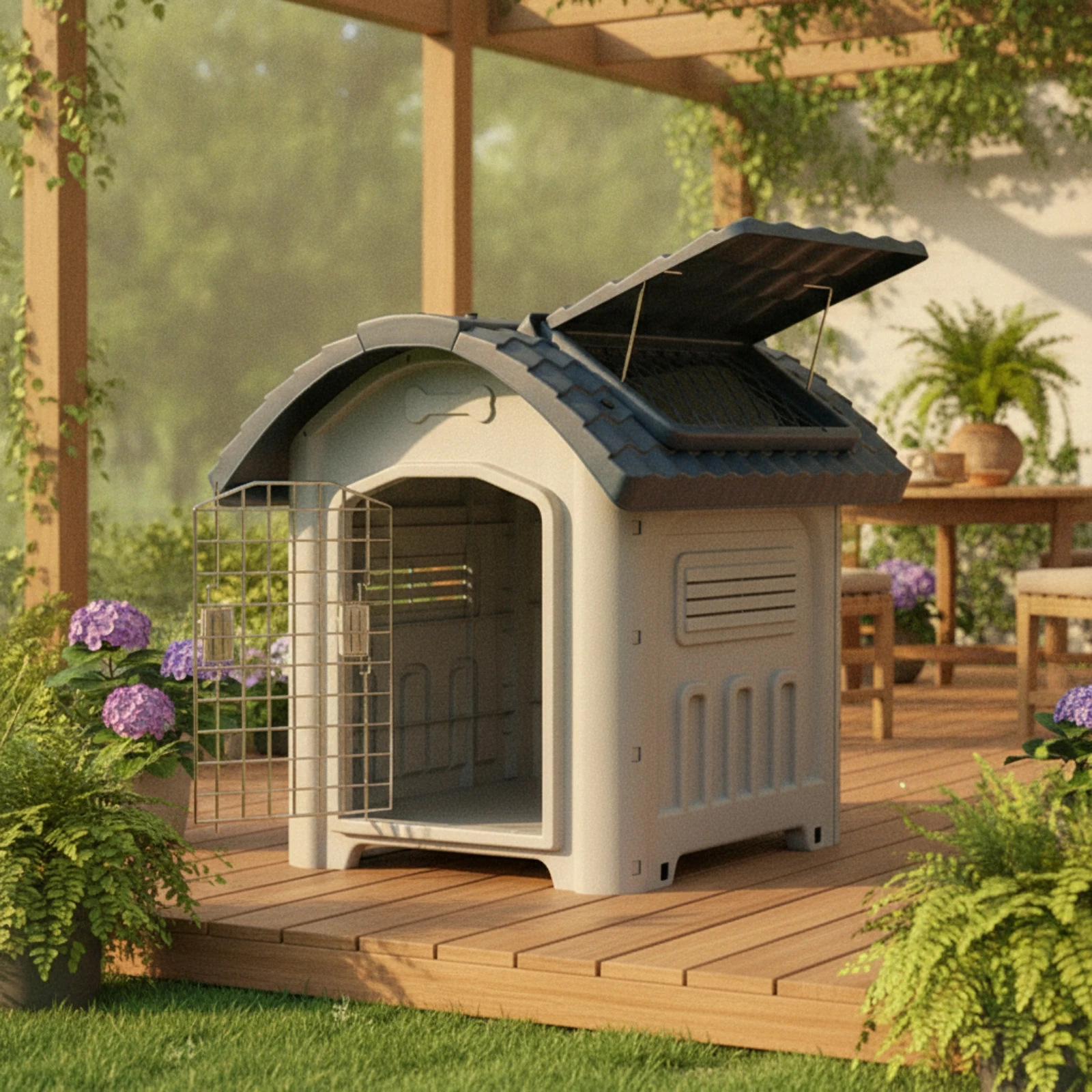 ドア付き犬小屋、高床式プラスチック製犬小屋シェルター、お手入れ簡単、頑丈、犬用、屋外、庭用