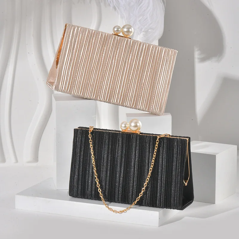 Pure Color Shimmering Fabric Clutch Bag Female Fashionable Wrinkled Evening Bag Cross-body Formal Dress Champagne Clip Purse view 3