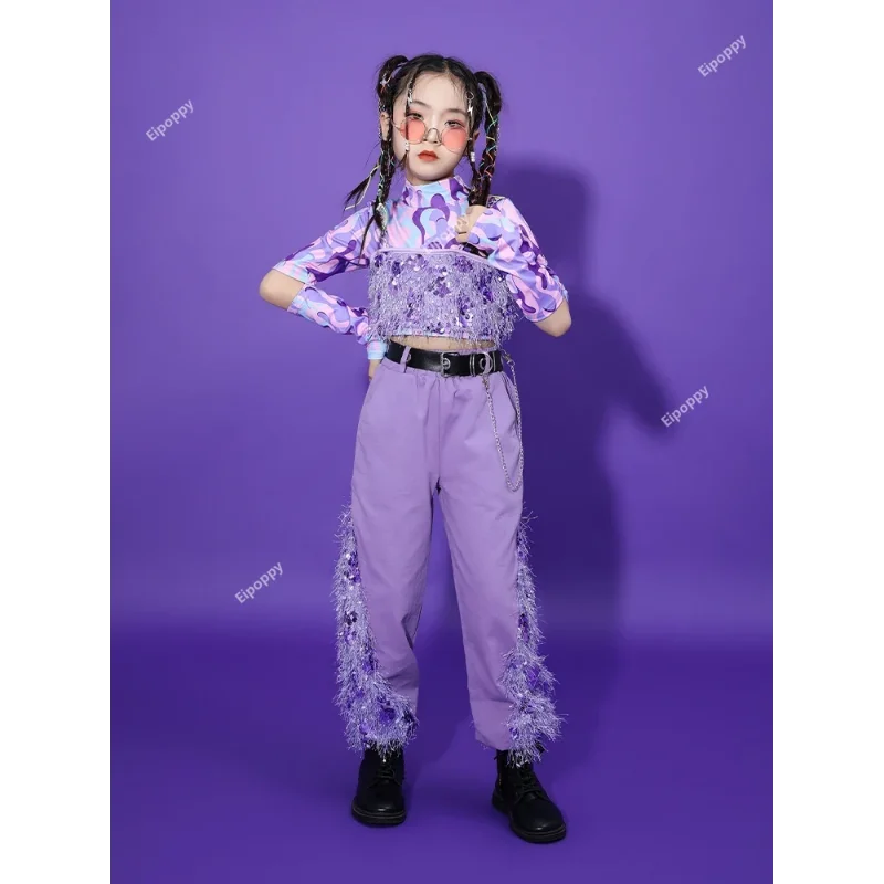 女の子のためのスパンコールジャズダンスパフォーマンスコスチューム、子供のための光沢のあるストリートウェア、ステージパフォーマンス、ファッショナブル