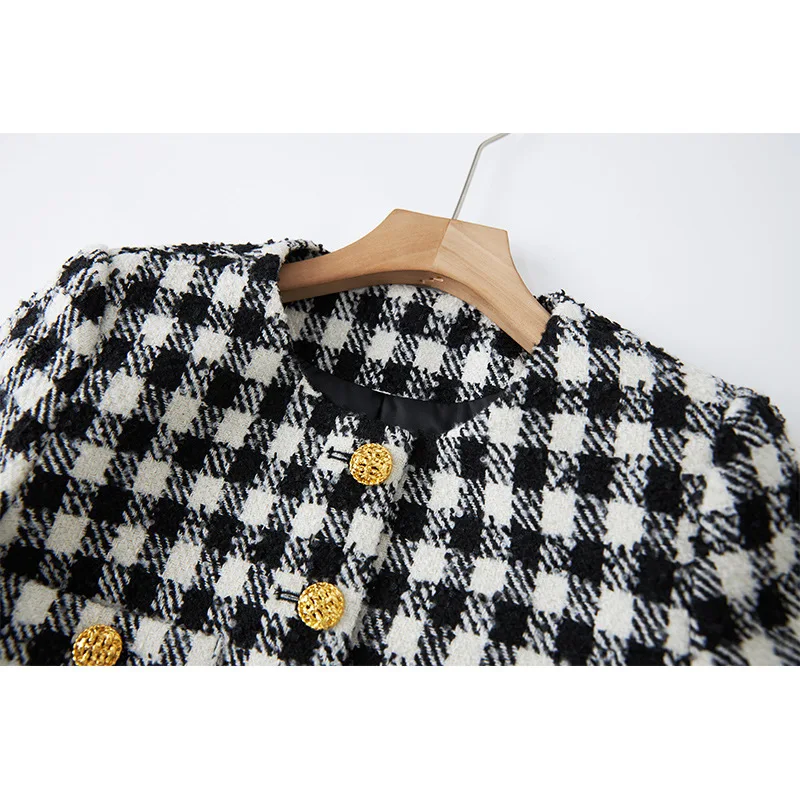 Nieuwe Herfst Winter Street Style Klassieke Plaid Patroon Geweven Vrouwen Tweed Korte Twee Stukken Rok Sets Jas Pakken