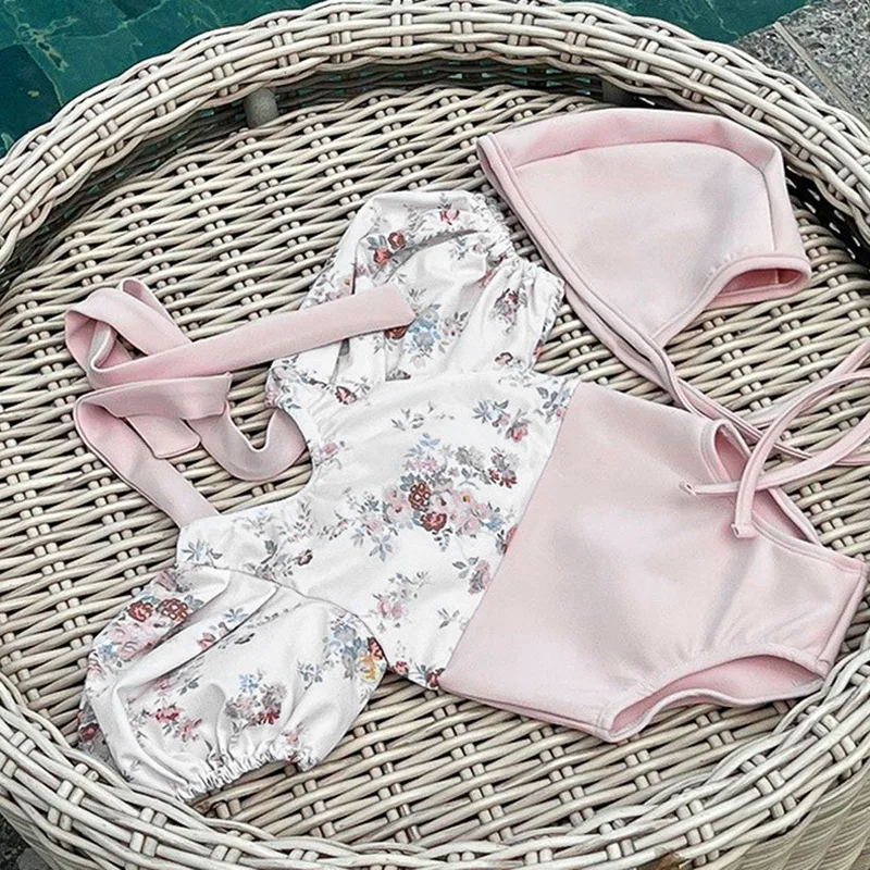 2024 New Summer 0-3Yrs Kids Swimwear Toddler Baby Girls Beachwear Short Sleeved Printing Rompers Infant Baby Girls Swimsuit+Hat