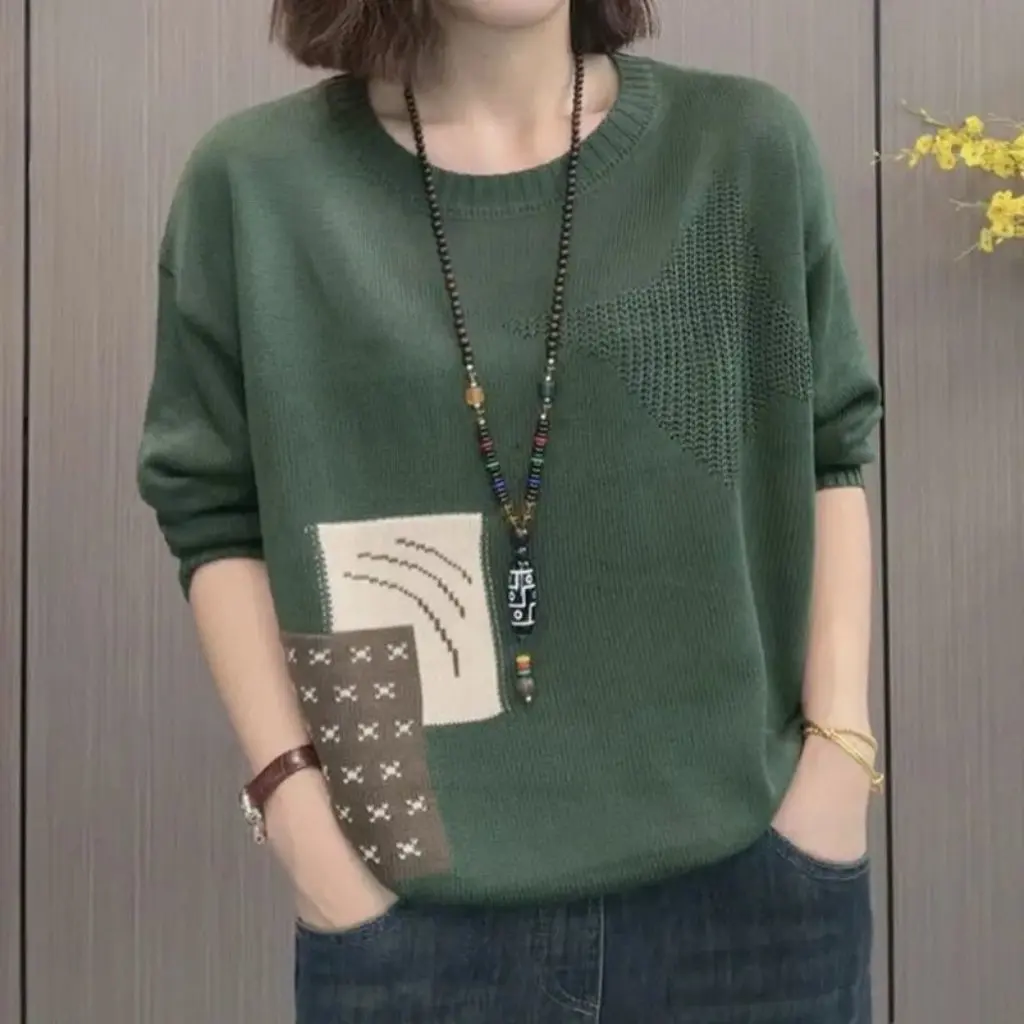 

Women's round Neck Ethnic Style Knitwear Top Casual Loose Long Sleeve Fashion Early Autumn Versatile Clothing