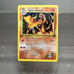 PKMN Gym Single Flash Cards Blaine's Charizard Erika's Clefable Trainer Energy Game Collection Cards Kids Toys