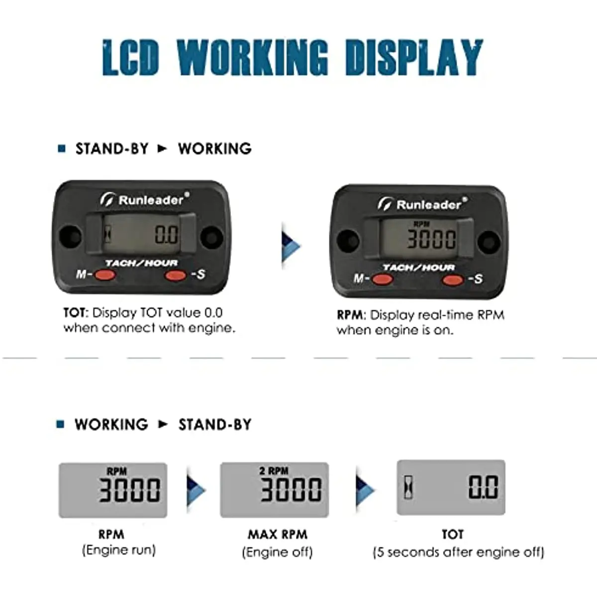 Hour Meter for Small Engine Tachometer with Alligator Clip Pick-up - Maintenance Reminder, Battery Replaceable,Display Shutdown