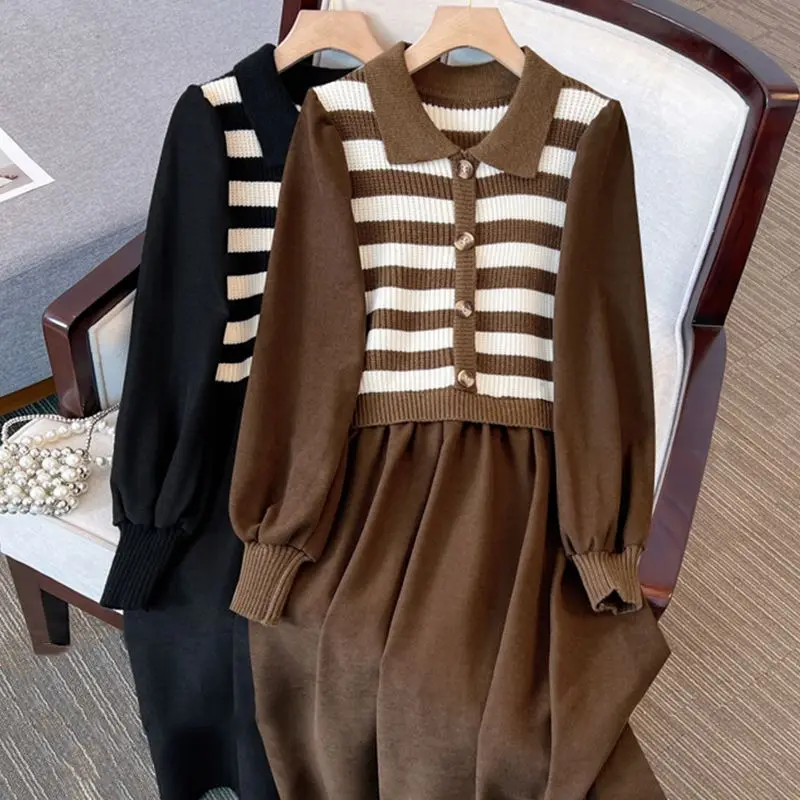 

2024 Spring and Autumn New Striped Women's Long Sleeve Casual A-line Spliced Mori Girl Style Slim Fashion Dress T599