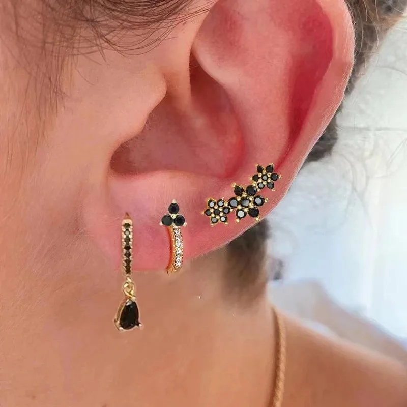 3PCS Trendy Multicolor Zircon Hoop Earrings Set for Women Cute Huggie Pendant Butterfly Ear Stud Earring Piercing Jewelry Gift