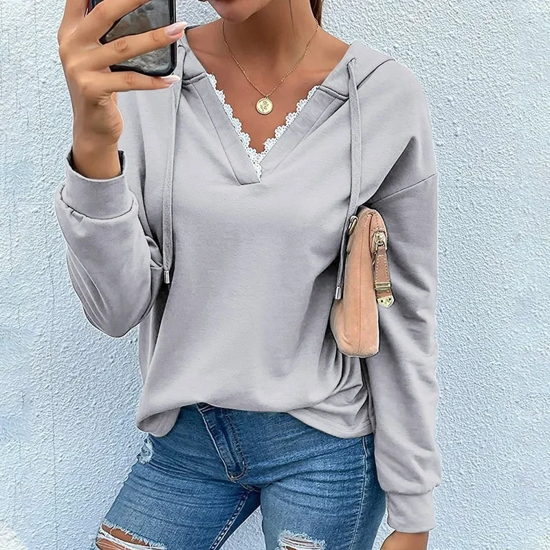 

Women's Pullover Lace Patchwork V Neck Tops Casual Long Sleeve Pocket Sweatshirts New Fashion Solid Color Hoodies Fashion Jumper