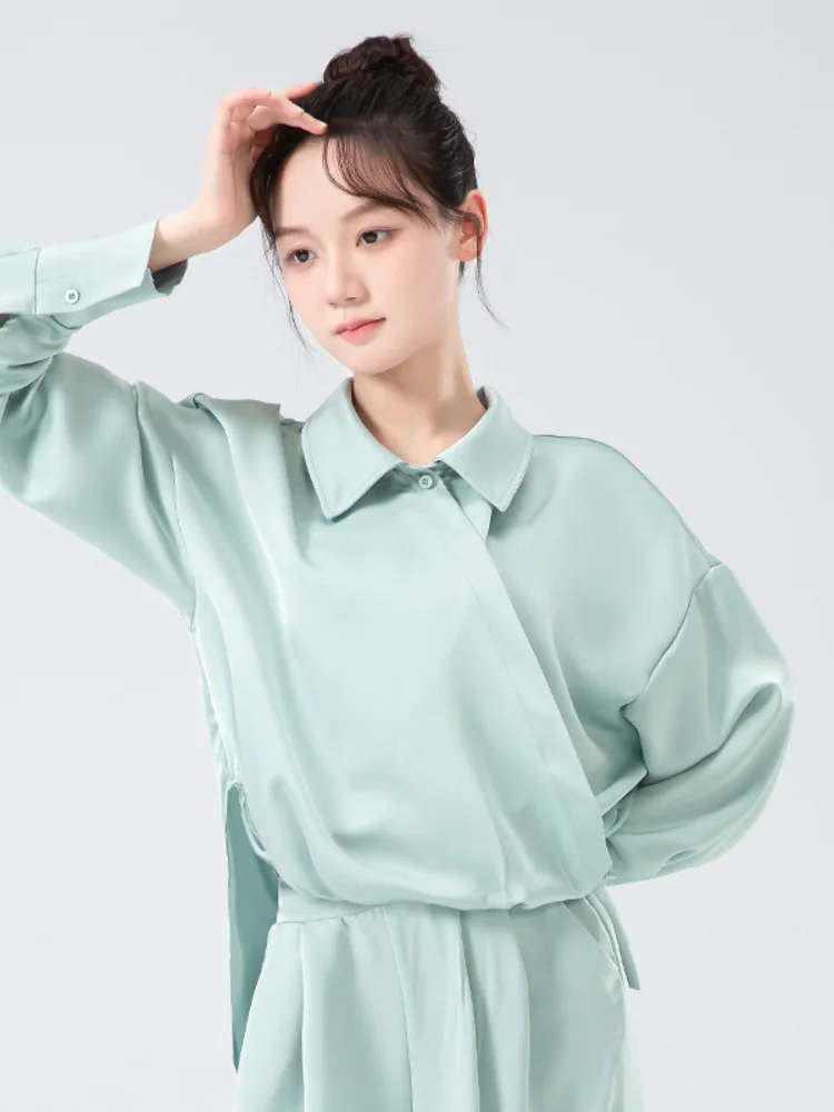 Top con risvolto vestibilità ampia in tinta unita e pantaloni a gamba larga a vita alta – Elegante abbigliamento da ballo per spettacoli, pratica e allenamento