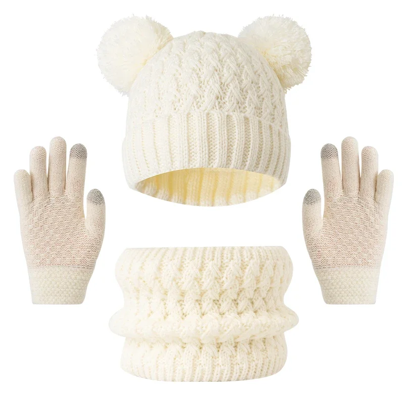 3pc3-12Y قبعة أطفال، طقم وشاح وقفازات، قبعة شتوية سميكة للأطفال مع قبعة محبوكة بنمط ندفة الثلج