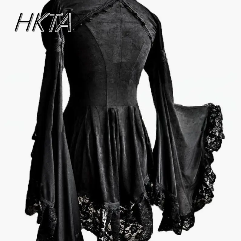 Lolita Inside Dark Black Goth Y2k Top Donna Ragazza Nero Slim Fit Elegante Corte Corno di pizzo Camicia a maniche lunghe Donna Blusa Feminina