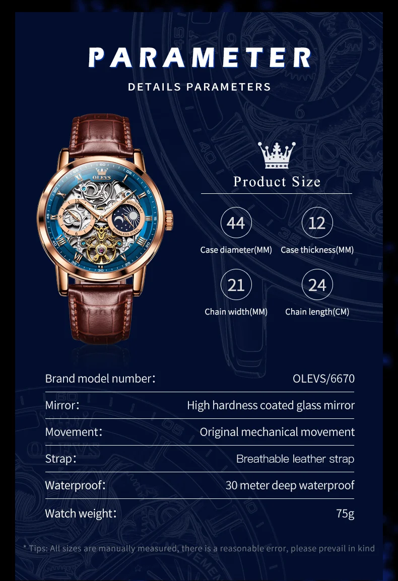 OLEVS 6670 Moon Phase Mechanical Watch For Men 44mm Big Dial Luxury Original Top Brand Man Watch Hollow Skeleton Leather Watches