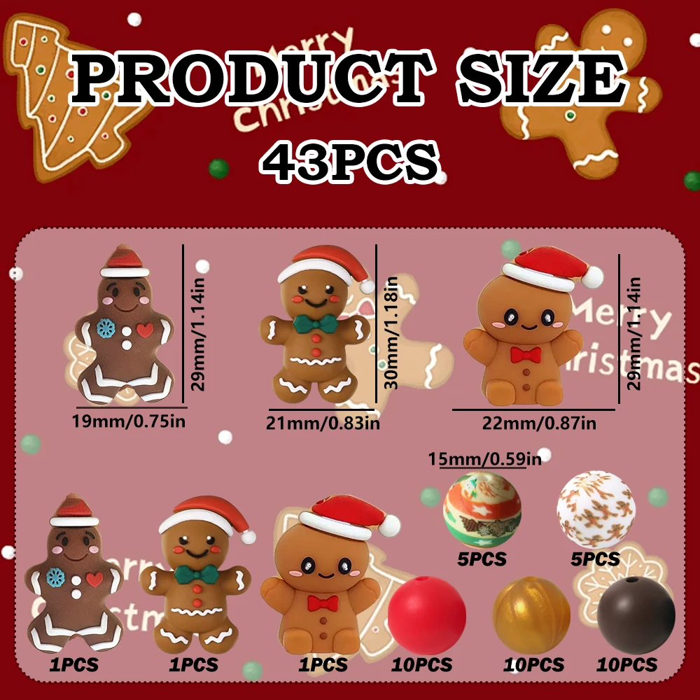 25/43/50PCS 3D Weihnachten Lebkuchenmann Silikonperlen Set, perfekt für DIY Schlüsselanhänger, Halsketten, Armbänder und andere Bastelarbeiten – Detail 4