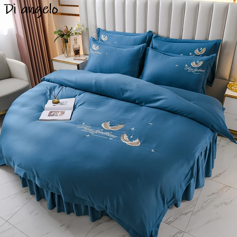 New Style Round 4Pcs Bed Skirt Fitted Sheet Duvet Cover Pillowcase Romantic Solid Color Embroidery Washed Easy Bedding Set #SW