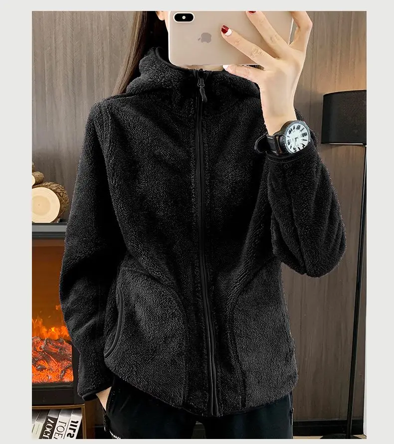 Zip-up Hooded Double-sided Wear Flannel Sweatshirt Women Thick Slim Fleece-lined Jacket Outdoor Sports Y2k Autumn Winter Coat