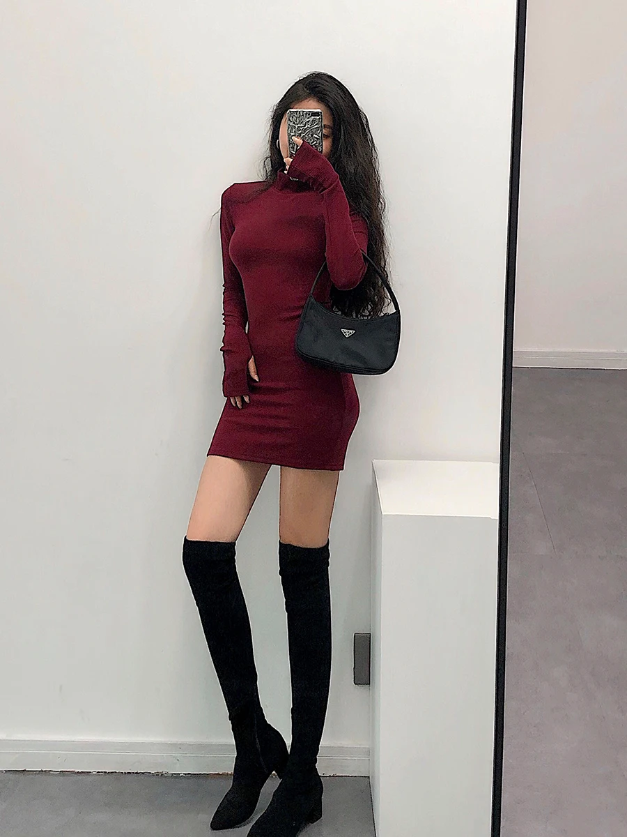 YoungGirlDay Seksi Dar Kesim U - Bodycon Long Sleeve Ribbed Dress incelemesi ve fiyatı