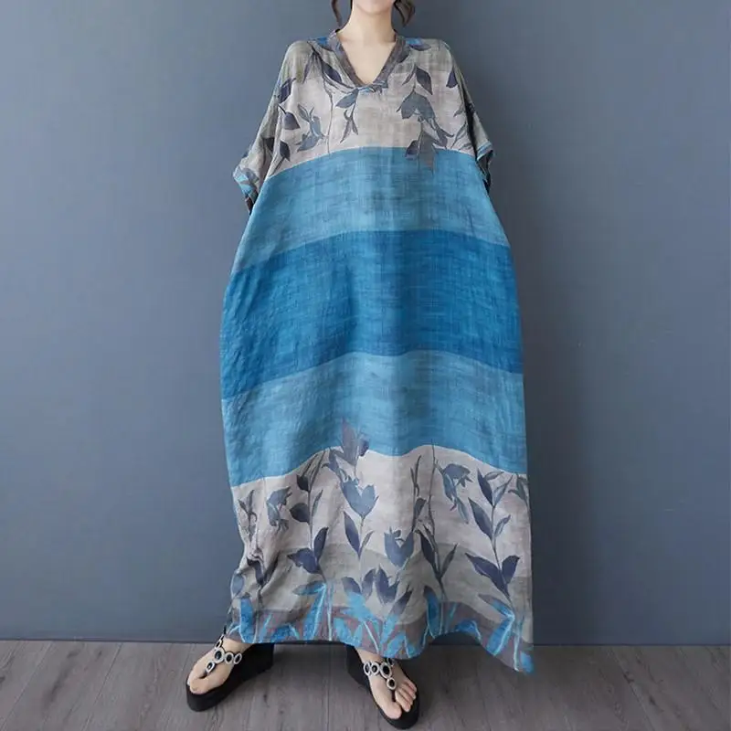 Short Sleeve Plus Size Cotton Vintage Floral Midi Dresses with Pocket Women Casual Loose Maxi Long Summer Dress boho print cloth