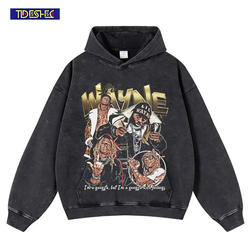 

Hip Hop Stretwear Washed Hoodie Harajuku Streetwear Pattern Print Portrait Vintage Sweatshirt Cotton Hooded Oversized Pullover