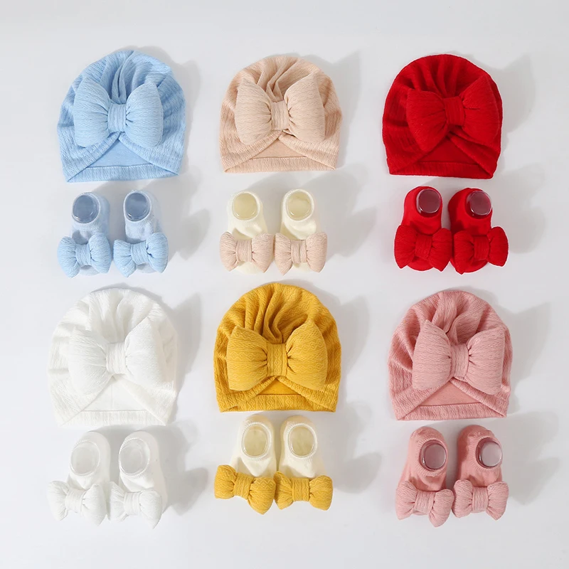 Solid Color Baby Turban Hat Socks Set Cute Bow Newborn Beanie Cap Boy Girl Anti-slip Floor Socks Infant Soft Headwrap