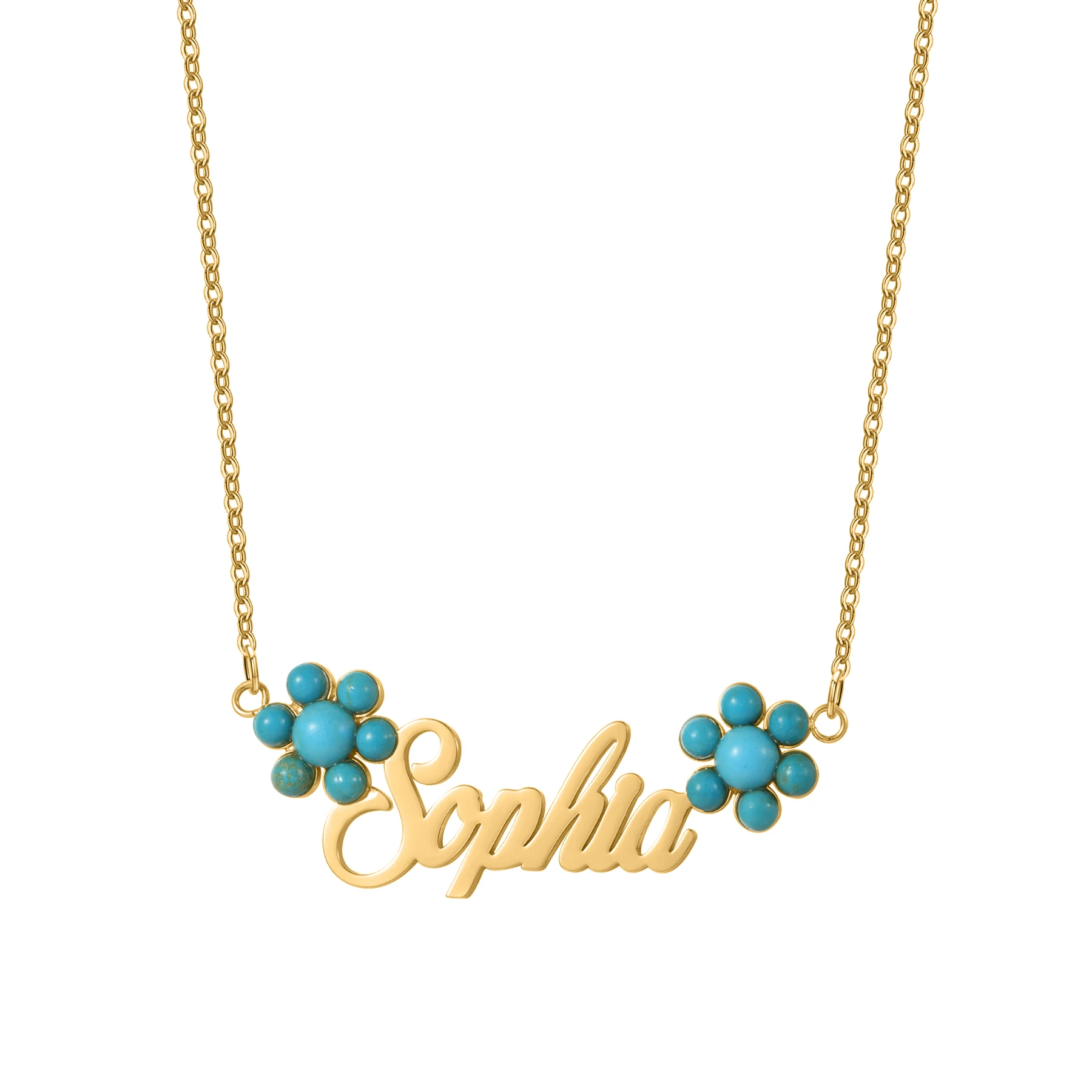 Custom Name Necklace Personalized Script Letter Pendant Faux Turquoise Flower Beads Dainty Jewelry Birthday Gift For Women Girls