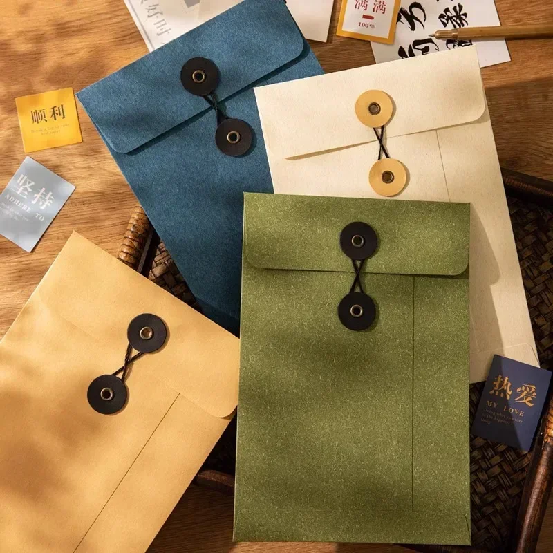 Vintage Kraft Envelope Office Winding Ticket Storage Bag with Button String Tie Retro File Documents Bag Business Greeting Cards