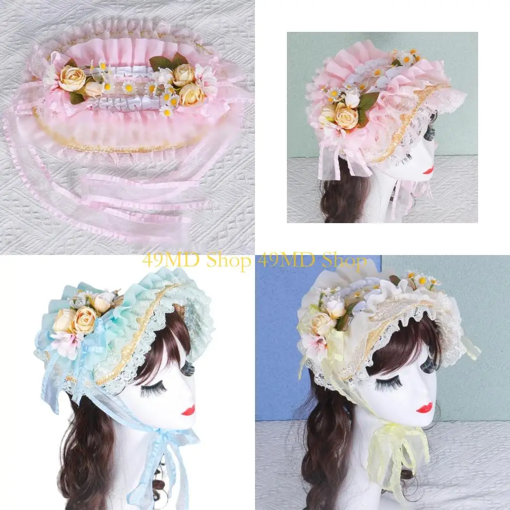 49MD Victorian Straw Hat With Lace Ruffled Brims and Rose Flower For Women Fashion Anime Costume Bonnet Hat for Special Event