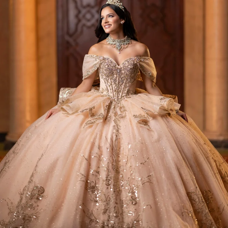 

Блестящее платье Quinceanera цвета шампанского с блестками и кристаллами, наклейка с длинным хвостом и бантом, роскошное платье Quinceanera Vestidos De 15, ﻿ Настроить